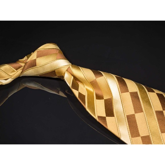 Roberto Villini Couture 100% Silk Tie Gold Tan Geometric Men's Designer Necktie - Picture 1 of 5